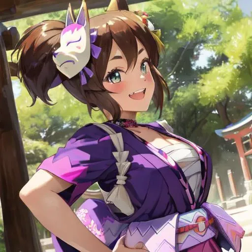 masterpiece, best quality, close up, face shot, japanese shrine,
inari one \(umamusume\),
looking at viewer, fox shadow puppet, hands on hips,
open mouth, smile, shorts under skirt, bike shorts, white shorts,
fox mask, mask on head, hair bow, yellow bow, choker, jewelry, japanese clothes, purple kimono, short kimono, tasuki, wrist scrunchie, short sleeves, wide sleeves, chest sarashi, ribbon trim, obi, sash, o-ring, shimenawa, kouhaku nawa, rope, kimono skirt, blue skirt,
<lora:inari_one_loha:0.8>