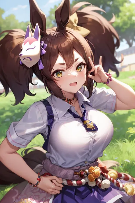 masterpiece, best quality,
inari one \(umamusume\),
fox mask, mask on head, hair bow, yellow bow, school uniform, collared shirt, white shirt, purple necktie, short sleeves, necklace, bead bracelet, clothes around waist, purple skirt, pleated skirt, 
<lora:inari_one_loha:0.8>