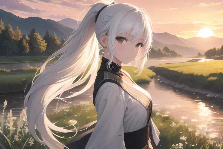 (masterpiece, best quality, high quality, highres, ultra-detailed),waterpaint,(1girl),white hair,ponytail,very long hair,solo focus,facing viewer,river,riverbank,grass,incana flowers,hills,wind,sunset,