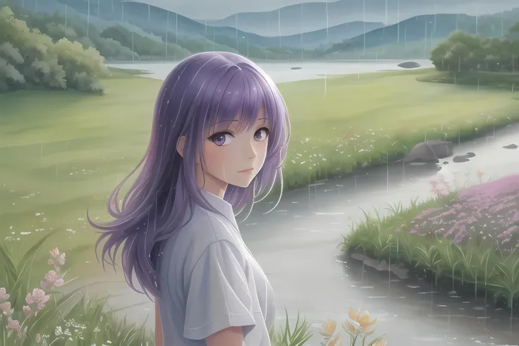 waterpaint,river,riverbank,grass,raining,incana flowers,hills,1girl,solo focus,purple hair,facing viewer,