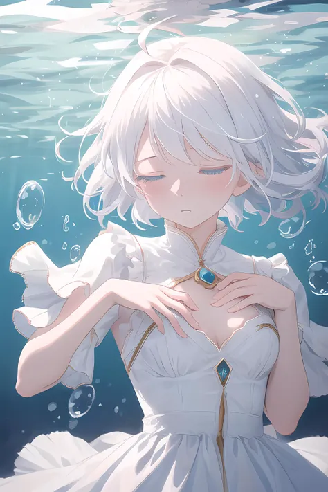 (masterpiece, best quality, high quality, highres, ultra-detailed),1girl,solo,beautiful eyes,white hair,very short hair,ahoge,under water,bubbles,floating,(facing viewer),closed eyes,expressionless,<lora:colored_eyelashes:0.8>,white eyelashes,half body,detailed hands,hand on own chest,