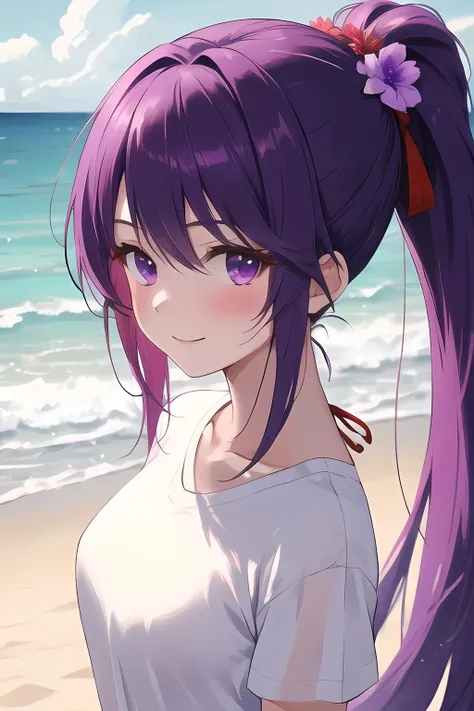 (masterpiece, best quality, high quality, highres, ultra-detailed),1girl,solo,standing,close up,purple hair,(very long ponytail),white t-shirt,facing viewer,happy,red ribbon hair tie,beach side,blush,violet flower ornament,