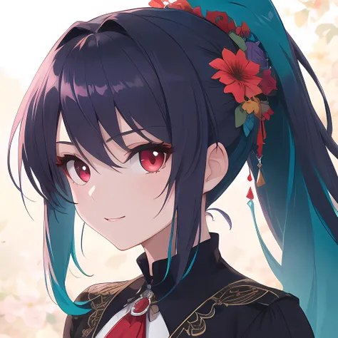 (masterpiece, best quality, high quality, highres, ultra-detailed),1girl,solo,beautiful eyes,purple hair,long hair,beautiful eyes,close up,happy,red eyes,detached colar,ponytail,teal colored flower hair ornament,