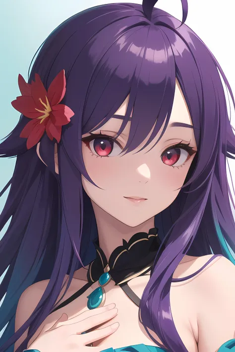 (masterpiece, best quality, high quality, highres, ultra-detailed),1girl,solo,beautiful eyes,purple hair,teal hair,(gradient hair),(long hair),happy,red eyes,teal colored flower hair ornament,ahoge,hand on own chest,close up,