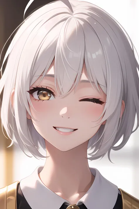 (masterpiece, best quality, high quality, highres, ultra-detailed),1girl,solo,beautiful eyes,white hair,golden eyes,short hair,ahoge,close up,happy,one eye closed,