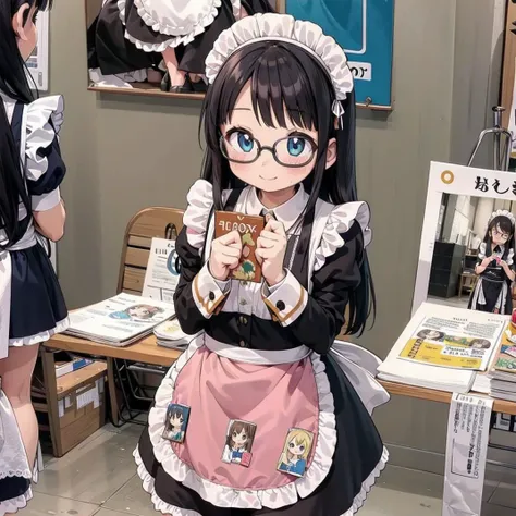 best quality, ultra-detailed, illustration,
1girl, glasses, black hair, long hair, smile, embarrassed, blush, maid, maid headdress, maid apron,
comiket, table, chair, book, indoors, photo background, multiple girls, chair, poster \(object\),
<lora:comiket_SD15_C103:1>