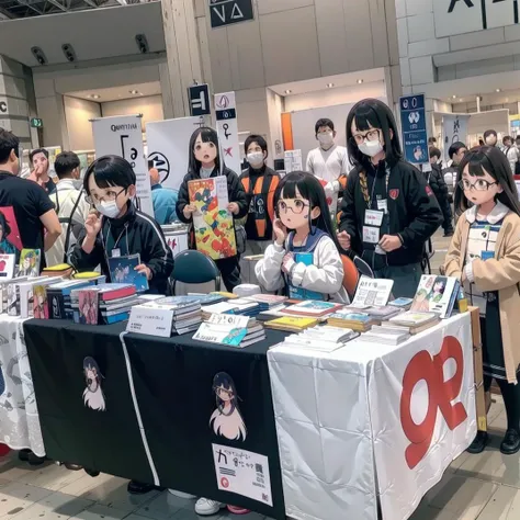 best quality, ultra-detailed, illustration, 1girl, glasses, black hair, long hair,
comiket, table, chair, book, indoors, 6+boys, multiple boys, indoors, multiple girls, 6+girls, long hair, chair, sitting, black hair
<lora:comiket_SD15_C103:1>