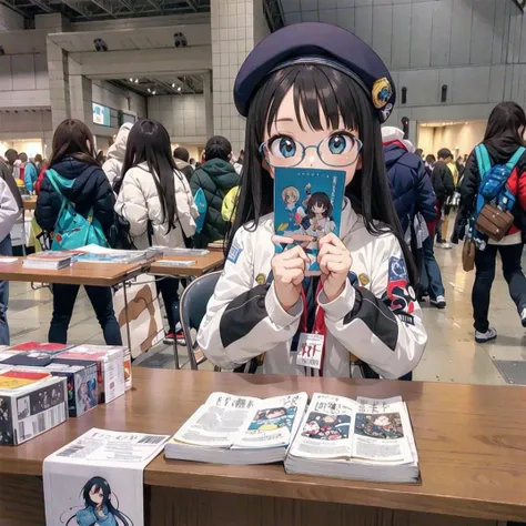 best quality, ultra-detailed, illustration, 1girl, glasses, black hair, long hair, beret,
comiket, table, chair, book, indoors, photo background, multiple girls, chair, long hair
<lora:comiket_SD15_C103:1>