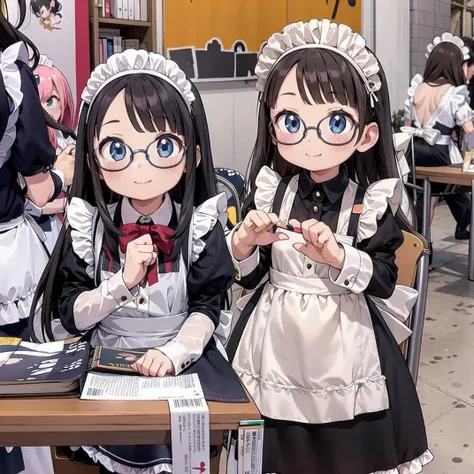 best quality, ultra-detailed, illustration,
1girl, glasses, black hair, long hair, smile, embarrassed, blush, maid, maid headdress, maid apron,
comiket, table, chair, book, indoors, photo background, multiple girls, chair, poster \(object\),
<lora:comiket_SD15_C103:1>