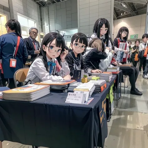 best quality, ultra-detailed, illustration, 1girl, glasses, black hair, long hair,
comiket, table, chair, book, indoors, 6+boys, multiple boys, indoors, multiple girls, 6+girls, long hair, chair, sitting, school uniform, black hair
<lora:comiket_SD15_C103:1>
