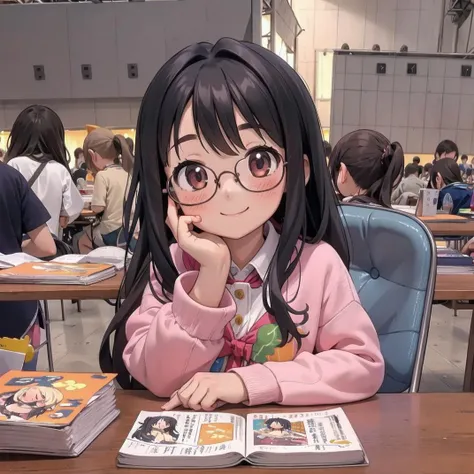 best quality, ultra-detailed, illustration, 1girl, glasses, black hair, long hair, smile, embarrassed, blush,
comiket, table, chair, book, indoors, photo background, multiple girls, chair, long hair
<lora:comiket_SD15_C103:1>