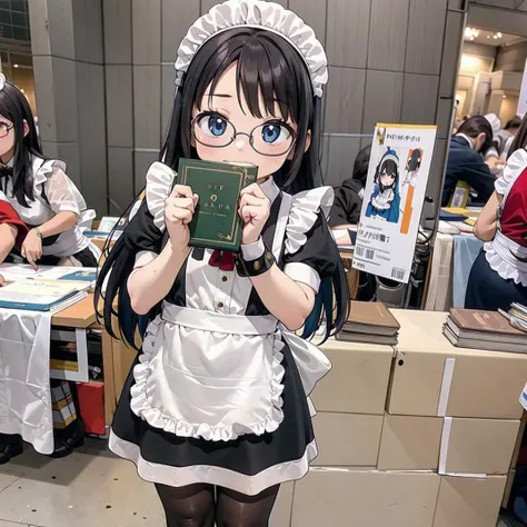 best quality, ultra-detailed, illustration, 1girl, glasses, black hair, long hair, embarrassed, zettai ryouiki, black legwear, looking at viewer,
comiket, table, chair, book, indoors, photo background, indoors, holding, apron, long hair, chair, short sleeves, maid, maid apron, maid headdress,
<lora:comiket_SD15_C103:1>