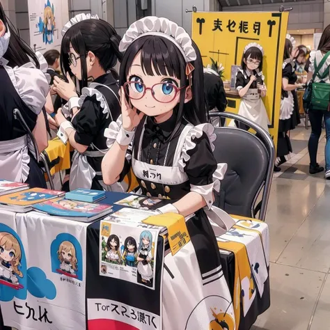 best quality, ultra-detailed, illustration,
1girl, glasses, black hair, long hair, smile, embarrassed, blush, maid, maid headdress, maid apron,
comiket, table, chair, book, indoors, photo background, multiple girls, chair, poster \(object\),
<lora:comiket_SD15_C103:1>