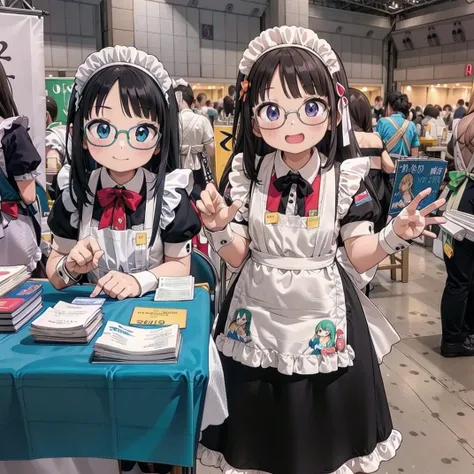 best quality, ultra-detailed, illustration,
1girl, glasses, black hair, long hair, smile, embarrassed, blush, maid, maid headdress, maid apron,
comiket, table, chair, book, indoors, photo background, multiple girls, chair, poster \(object\),
<lora:comiket_SD15_C103:1>