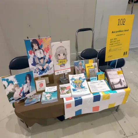 best quality, ultra-detailed, illustration,
comiket, table, chair, book, poster (object), simple background, grey background,
<lora:comiket_SD15_C103:1>