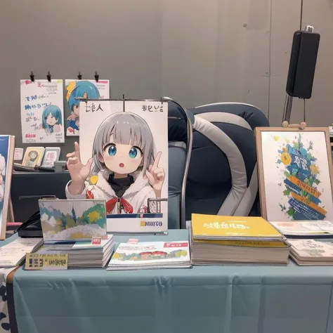 best quality, ultra-detailed, illustration,
comiket, table, chair, book, poster (object), simple background, grey background, 
 <lora:comiket_SD15_C103:1>