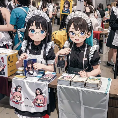 best quality, ultra-detailed, illustration,
 1girl, glasses, black hair, long hair, smile, embarrassed, blush, maid, maid headdress,  maid apron, 
comiket, table, chair, book, indoors, photo background, multiple girls, chair, poster \(object\), 
<lora:comiket_SD15_C103:1>