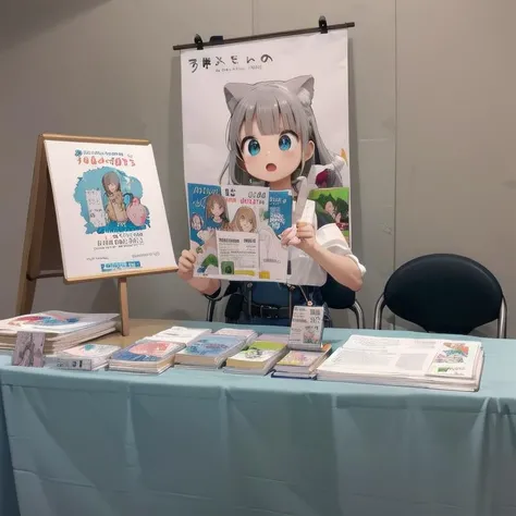 best quality, ultra-detailed, illustration,
comiket, table, chair, book, poster (object), simple background, grey background,
<lora:comiket_SD15_C103:1>
