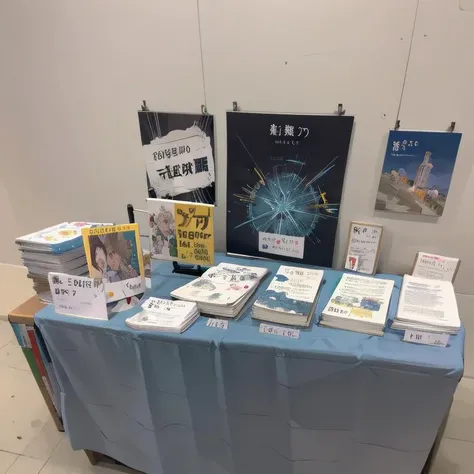 best quality, ultra-detailed, illustration,
comiket, table, chair, book, poster (object), simple background, grey background,
<lora:comiket_SD15_C103:1>
