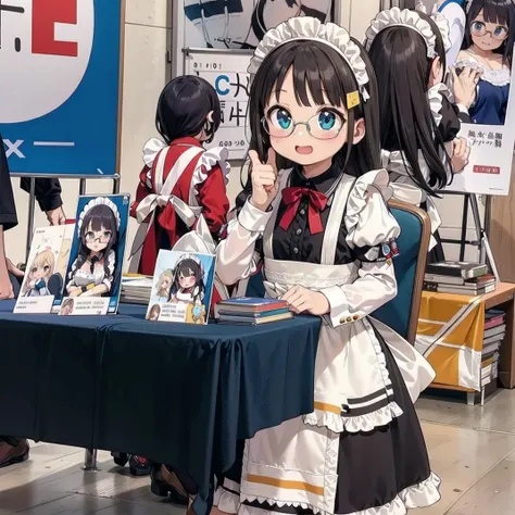 best quality, ultra-detailed, illustration,
1girl, glasses, black hair, long hair, smile, embarrassed, blush, maid, maid headdress, maid apron,
comiket, table, chair, book, indoors, photo background, multiple girls, chair, poster \(object\),
<lora:comiket_SD15_C103:1>