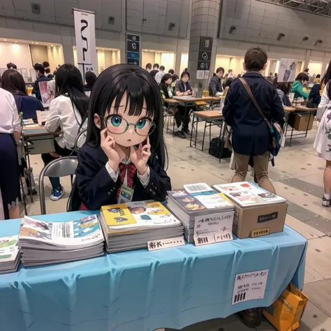 best quality, ultra-detailed, illustration, 1girl, glasses, black hair, long hair,
comiket, table, chair, book, indoors, 6+boys, multiple boys, indoors, multiple girls, 6+girls, long hair, chair, sitting, school uniform, black hair
<lora:comiket_SD15_C103:1>