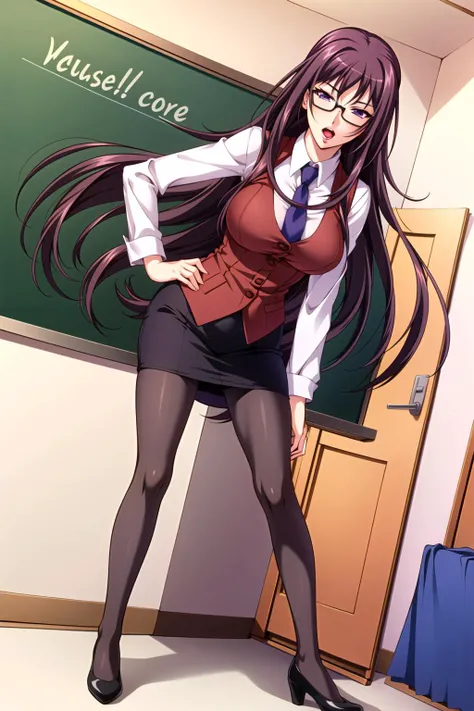 ((masterpiece)),((best quality)),ultra-detailed,illustration,underwear, panties, pantyhose, long hair, teacher, 1girl, skirt, book, purple eyes, necktie, hand on hip, chalkboard, large breasts, pencil skirt, very long hair, breasts, pantyhose, open mouth, vest, dutch angle, english text, solo, purple hair, solo focus, brown hair, glasses, lipstick, black hair (groin),Beautiful Finger,Beautiful long legs,Beautiful body,Beautiful Nose,Beautiful character design,perfect eyes,perfect face,alluring,wallpaper,perfect lighting,Colorful,ultra highres,4K,shiny skin,photography,8K,HDR,highres,(beautiful face:1.5),(narrow waist),(full body:1.5), Kasuga Reina, <lora:Kasuga Reina:0.7>