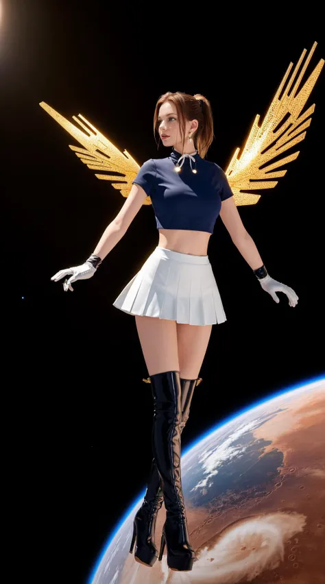 (ray tracing, highres,absurdres,masterpiece,best quality,original,extremely detailed, CG unity, unreal engine, extremely detailed wallpaper,perfect lighting), (flying, floating on the space, spacecraft, mars), blurry background, science fiction, 1girl, ((big metal wings:1.5)). looking at viewer, circlet, jewelry, earrings, ponytail, choker, red bow, white gloves, elbow gloves, blue pleated miniskirt, white high heel boots,