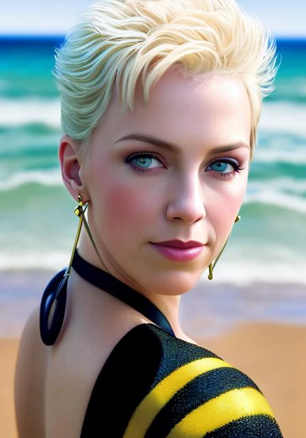 nnlnnx_1985-1987_v1.4g, short blonde hair, (sharp focus:1.2), portrait, attractive young woman, (beautiful face:1.1), detailed eyes, luscious lips, (eye makeup:1.2), (tight body:1.2), wearing (yellow striped 1980s dress:1.2) at (the beach:1.2). (morning sun lighting:1.2), depth of field, bokeh, 4K, HDR. by (James C. Christensen:1.2|Jeremy Lipking:1.1).