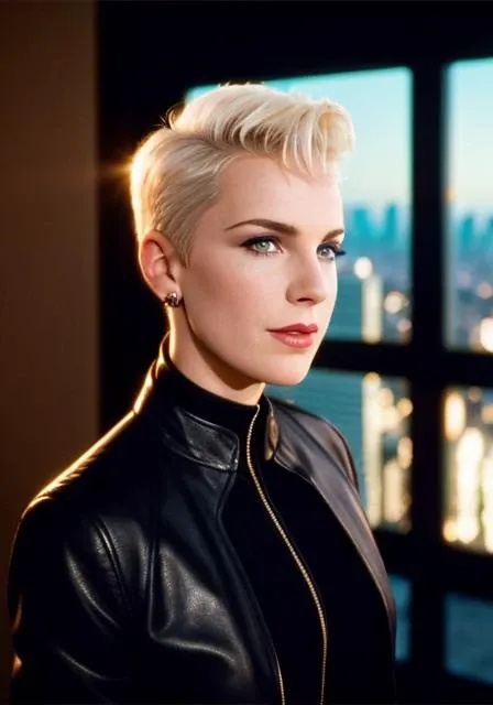 (nnlnnx_1985-1987_v1.4g:0.5), <lora:nnlnnx_1985-1987_v1.4e:0.5>, nnlnnx, short hair, (Sharp focus: 1.5), portrait, stunning young woman, (flawless skin: 1.5), (intense gaze: 1.3), (smoky eye makeup: 1.2), (defined jawline: 1.2), (toned physique: 1.3), wearing (bodycon dress: 1.3) while (looking out over the city skyline: 1.5). (Dramatic lighting: 1.5), shallow depth of field, bokeh, 8K, HDR. by (Steve McCurry: 1.5)