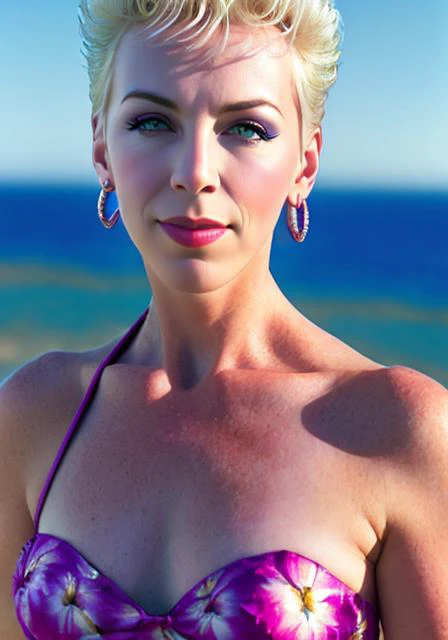 nnlnnx_1985-1987_v1.4g, (sharp focus:1.2), portrait, attractive young woman, (beautiful face:1.1), detailed eyes, luscious lips, (eye makeup:1.2), (tight body:1.2), wearing (flowery dress:1.2) at (the beach:1.2). (morning sun lighting:1.2), depth of field, bokeh, 4K, HDR. by (James C. Christensen:1.2|Jeremy Lipking:1.1).