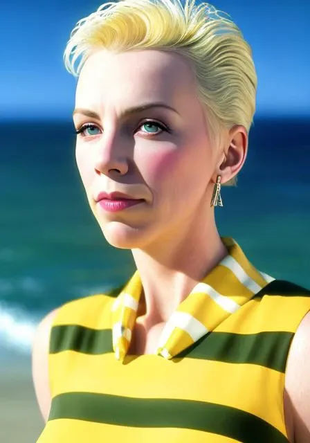 nnlnnx_1985-1987_v1.4g, short blonde hair, (sharp focus:1.2), portrait, attractive young woman, (beautiful face:1.1), detailed eyes, luscious lips, (eye makeup:1.2), (tight body:1.2), wearing (yellow striped 1980s dress:1.2) at (the beach:1.2). (morning sun lighting:1.2), depth of field, bokeh, 4K, HDR. by (James C. Christensen:1.2|Jeremy Lipking:1.1).
