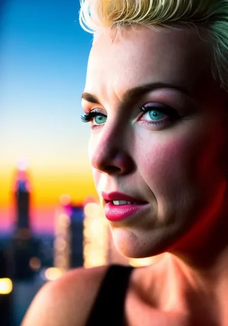 nnlnnx_1985-1987_v1.4g, (Sharp focus: 1.5), portrait, stunning young woman, (flawless skin: 1.5), (intense gaze: 1.3), (smoky eye makeup: 1.2), (defined jawline: 1.2), (toned physique: 1.3), wearing (bodycon dress: 1.3) while (looking out over the city skyline: 1.5). (Dramatic lighting: 1.5), shallow depth of field, bokeh, 8K, HDR. by (Steve McCurry: 1.5)