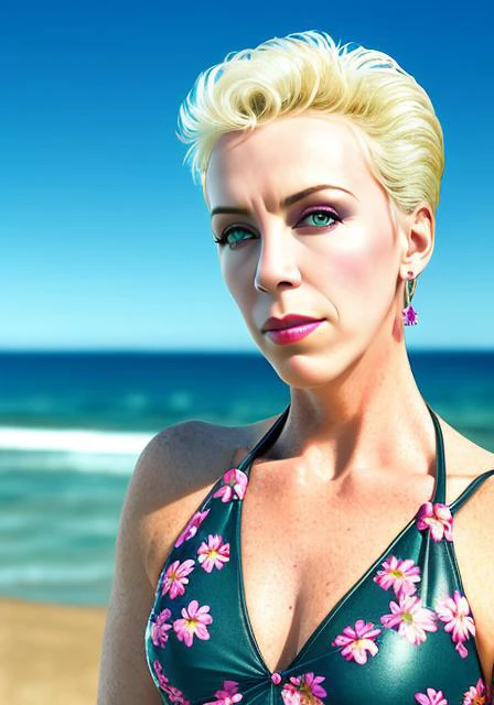 nnlnnx_1985-1987_v1.4g, (sharp focus:1.2), portrait, attractive young woman, (beautiful face:1.1), detailed eyes, luscious lips, (eye makeup:1.2), (tight body:1.2), wearing (flowery dress:1.2) at (the beach:1.2). (morning sun lighting:1.2), depth of field, bokeh, 4K, HDR. by (James C. Christensen:1.2|Jeremy Lipking:1.1).