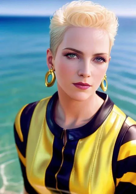 (nnlnnx_1985-1987_v1.4g:0.5), <lora:nnlnnx_1985-1987_v1.4e:0.5>, nnlnnx, short hair, (sharp focus:1.2), portrait, attractive young woman, (beautiful face:1.1), detailed eyes, luscious lips, (eye makeup:1.2), (tight body:1.2), wearing (yellow striped 1980s dress:1.2) at (the beach:1.2). (morning sun lighting:1.2), depth of field, bokeh, 4K, HDR. by (James C. Christensen:1.2|Jeremy Lipking:1.1).