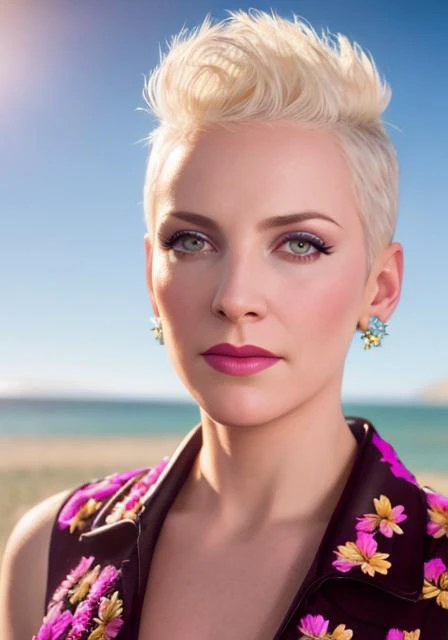 (nnlnnx_1985-1987_v1.4g:0.5), <lora:nnlnnx_1985-1987_v1.4e:0.5>, nnlnnx, short hair, (sharp focus:1.2), portrait, attractive young woman, (beautiful face:1.1), detailed eyes, luscious lips, (eye makeup:1.2), (tight body:1.2), wearing (flowery dress:1.2) at (the beach:1.2). (morning sun lighting:1.2), depth of field, bokeh, 4K, HDR. by (James C. Christensen:1.2|Jeremy Lipking:1.1).