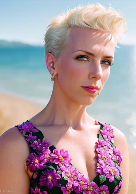 nnlnnx_1985-1987_v1.4f, (sharp focus:1.2), portrait, attractive young woman, (beautiful face:1.1), detailed eyes, luscious lips, (eye makeup:1.2), (tight body:1.2), wearing (flowery dress:1.2) at (the beach:1.2). (morning sun lighting:1.2), depth of field, bokeh, 4K, HDR. by (James C. Christensen:1.2|Jeremy Lipking:1.1).