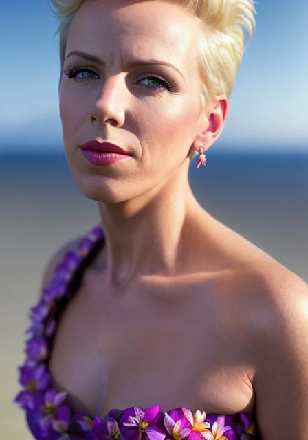 nnlnnx_1985-1987_v1.4f, short blonde hair, (sharp focus:1.2), portrait, attractive young woman, (beautiful face:1.1), detailed eyes, luscious lips, (eye makeup:1.2), (tight body:1.2), wearing (flowery dress:1.2) at (the beach:1.2). (morning sun lighting:1.2), depth of field, bokeh, 4K, HDR. by (James C. Christensen:1.2|Jeremy Lipking:1.1).