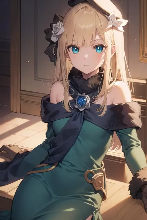 fgoreines, <lora:reines-lora-nochekaiser:1>,
reines, blonde hair, (green eyes:1.5), long hair, bangs, blunt bangs, (small breast:1.2),
BREAK beret, black headwear, black ribbon, blue dress, brown gloves, dress, flower, fur collar, fur trim, fur-trimmed sleeves, gloves, hair flower, hair ornament, hair ribbon, hat, long sleeves, ribbon, rose, tilted headwear, white flower, white rose,
BREAK looking at viewer,
BREAK indoors,
BREAK <lyco:GoodHands-beta2:1>, (masterpiece:1.2), best quality, high resolution, unity 8k wallpaper, (illustration:0.8), (beautiful detailed eyes:1.6), extremely detailed face, perfect lighting, extremely detailed CG, (perfect hands, perfect anatomy),
