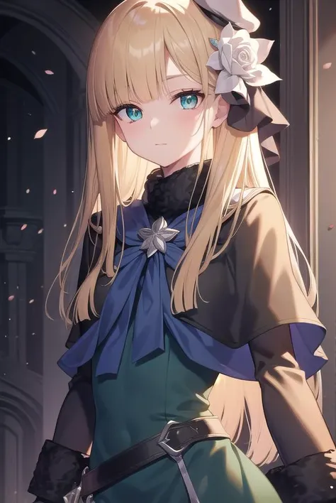 fgoreines, <lora:reines-lora-nochekaiser:1>,
reines, blonde hair, (green eyes:1.5), long hair, bangs, blunt bangs, (small breast:1.2),
BREAK beret, black headwear, black ribbon, blue dress, brown gloves, dress, flower, fur collar, fur trim, fur-trimmed sleeves, gloves, hair flower, hair ornament, hair ribbon, hat, long sleeves, ribbon, rose, tilted headwear, white flower, white rose,
BREAK looking at viewer,
BREAK indoors,
BREAK <lyco:GoodHands-beta2:1>, (masterpiece:1.2), best quality, high resolution, unity 8k wallpaper, (illustration:0.8), (beautiful detailed eyes:1.6), extremely detailed face, perfect lighting, extremely detailed CG, (perfect hands, perfect anatomy),