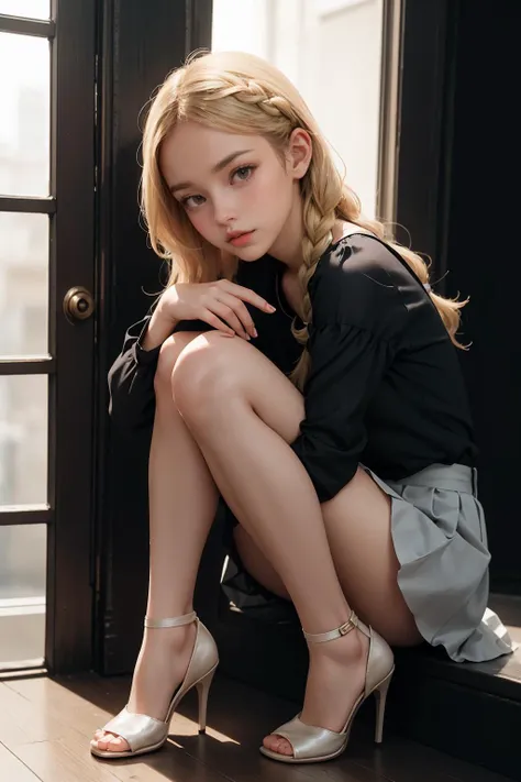 masterpiece,
high quality,
32k,
hyperrealism,
soothing tones,
muted colors,
high contrast,
soft light,
sharp,
artistic photoshoot,
petite body, petite face, petite hands, petite feet,small breasts,adolescence,cute,slender,european, eyes,pale cheeks,square face shape with angular jaw,natural "no-makeup" makeup,( __NW/NW blonde hair__ hair ), looking at viewer,mermaid braid hairstyle,
wearing satin tunic top,pleated skirt and heels,