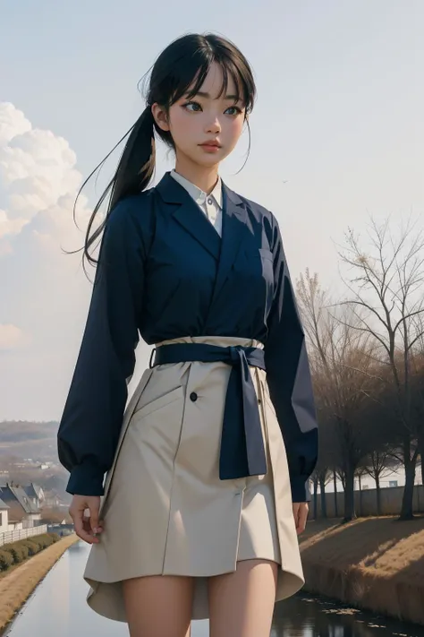 1girl, (art by Suguru Tanaka:0.9) , 8k RAW photo, elegant, landscape of a Beige and Navy ([Merida:The French Countryside:3]:1.3) in the distance there is a School, it is very Bewitching and Short, winter nature with Maple tree, Raining, Cel shading, Awe, Arts and Crafts Movement, Dramatic spotlight, Orton effect, Kodak portr400, 800mm lens, Grayscale, otherworldly, sloppy strokes, in the style of the david, Concept Art World, Best quality, expressive