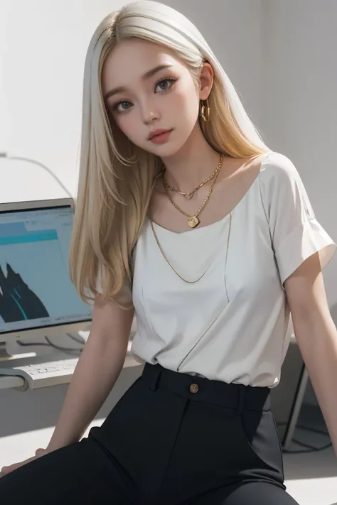 ( detailed realistic background:1),
( official art, beautiful and aesthetic:1 ),
realistic lighting,
cinematic lighting,
hyperrealism,
soothing tones,
muted colors,
high contrast,
soft light,
sharp,
artistic photoshoot,
( cute, petite ),
slender,
european,
pale cheeks,
square face shape with angular jaw,
natural "no-makeup" makeup,
big breasts,
,
blonde hair ,
shag hair  ,
wearing (Classic_white_blouse:1.6),(Tailored_black_trousers:1.5),(Gold_chain_necklace:1.4),(Office_cubicle_background:1.3) ,
looking at viewer,
