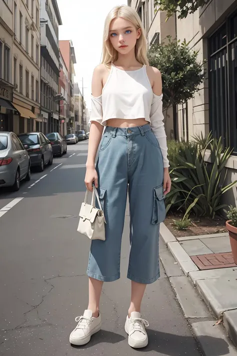 ( detailed realistic background:1),
( official art, beautiful and aesthetic:1 ),
realistic lighting,
cinematic lighting,
hyperrealism,
soothing tones,
muted colors,
high contrast,
soft light,
sharp,
artistic photoshoot,
,
( cute, petite ),
slender,
european,
pale cheeks,
square face shape with angular jaw,
natural "no-makeup" makeup,
big breasts,
feet,bare neck,
platinum blonde hair ,
eyes,
standing ,
wearing chambray pleated tunic,cropped cargo pants and slip-on sneakers,
