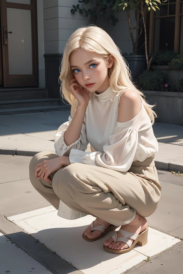 ( detailed realistic background:1),
( official art, beautiful and aesthetic:1 ),
realistic lighting,
cinematic lighting,
hyperrealism,
soothing tones,
muted colors,
high contrast,
soft light,
sharp,
artistic photoshoot,
,
( cute, petite ),
slender,
european,
pale cheeks,
square face shape with angular jaw,
natural "no-makeup" makeup,
,
feet,bare neck,
platinum blonde hair ,
eyes,
crouching ,
wearing lurex balloon sleeve blouse,culotte jumpsuit and slides,