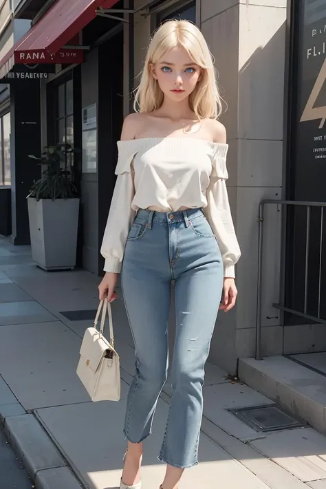 ( detailed realistic background:1),
( official art, beautiful and aesthetic:1 ),
realistic lighting,
cinematic lighting,
hyperrealism,
soothing tones,
muted colors,
high contrast,
soft light,
sharp,
artistic photoshoot,
,
( cute, petite ),
slender,
european,
pale cheeks,
square face shape with angular jaw,
natural "no-makeup" makeup,
big breasts,
feet,bare neck,
platinum blonde hair ,
eyes,
standing ,
wearing denim off-the-shoulder top,straight-leg pants and mary jane shoes,