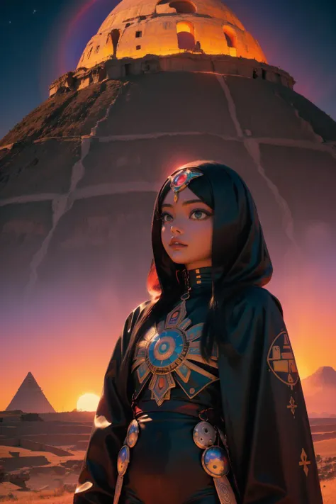 1girl, artistic Renderman, surreal, landscape of a Monstrous [Techno:Shy:4] ([Coptic Cairo|Teotihuacán]:1.3) in the distance there is a Wind turbine, desolate flora and Extragalactic planet in background, Foggy, Maximalist, Manic, Neo Dada Art, Moonlit, 50mm, dark red hue, Orton effect, nightmare fuel, extremely hyper aesthetic, 4K