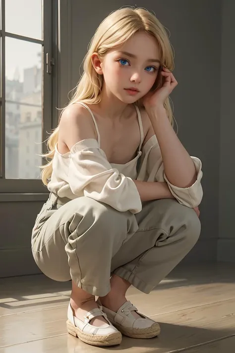( detailed realistic background:1),
( official art, beautiful and aesthetic:1 ),
realistic lighting,
cinematic lighting,
hyperrealism,
soothing tones,
muted colors,
high contrast,
soft light,
sharp,
artistic photoshoot,
,
( cute, petite ),
slender,
european,
pale cheeks,
square face shape with angular jaw,
natural "no-makeup" makeup,
,
feet,bare neck,
blonde hair ,
eyes,
squatting ,
wearing canvas lace-up bodysuit,ruffled hem trousers and espadrilles,