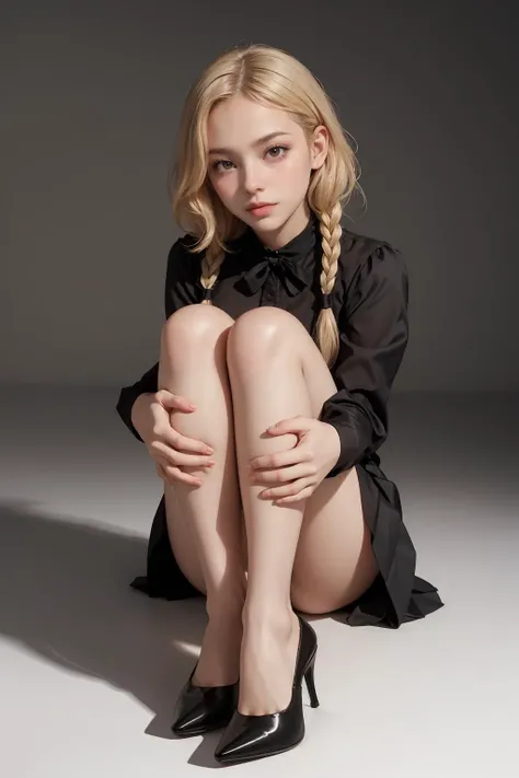 masterpiece,
high quality,
32k,
hyperrealism,
soothing tones,
muted colors,
high contrast,
soft light,
sharp,
artistic photoshoot,
petite body, petite face, petite hands, petite feet,small breasts,adolescence,cute,slender,european, eyes,pale cheeks,square face shape with angular jaw,natural "no-makeup" makeup,( __NW/NW blonde hair__ hair ), looking at viewer,box braid hairstyle,
wearing satin blouse,pleated skirt and heels,