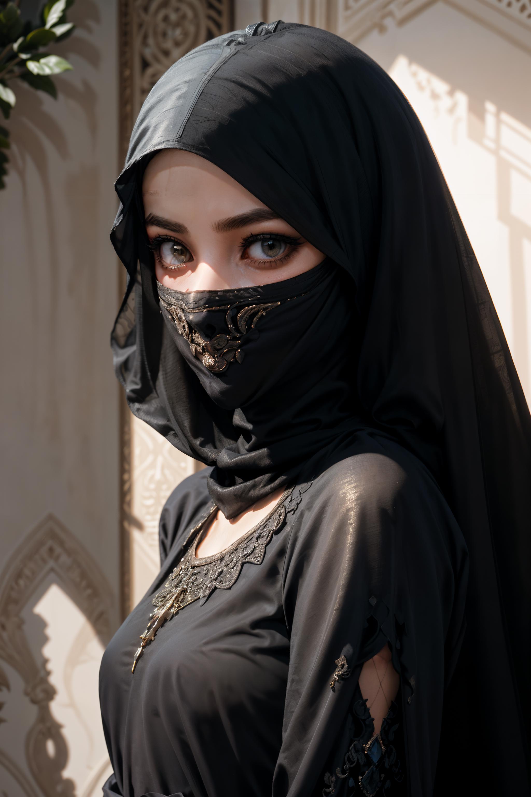 A close up of a woman wearing a black veil and a black dress - SeaArt AI