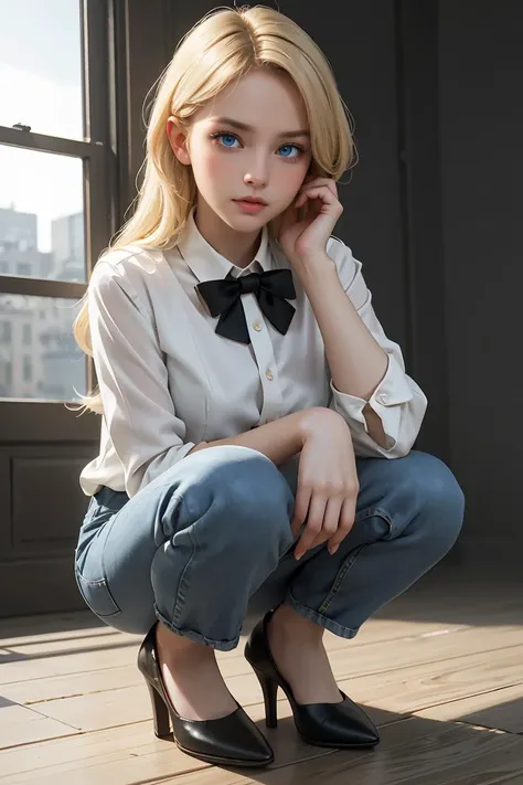 ( detailed realistic background:1),
( official art, beautiful and aesthetic:1 ),
realistic lighting,
cinematic lighting,
hyperrealism,
soothing tones,
muted colors,
high contrast,
soft light,
sharp,
artistic photoshoot,
,
( cute, petite ),
slender,
european,
pale cheeks,
square face shape with angular jaw,
natural "no-makeup" makeup,
medium breasts,
feet,bare neck,
blonde hair ,
eyes,
squatting ,
wearing georgette bow tie blouse,denim culottes and peep-toe heels,